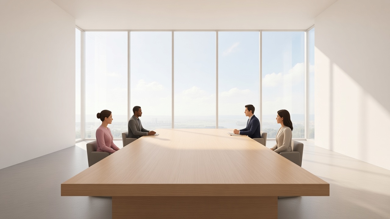 Four people seated at a long table in a bright conference room.