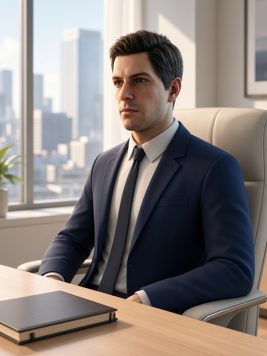 Pierce Hawkes seated at his desk.