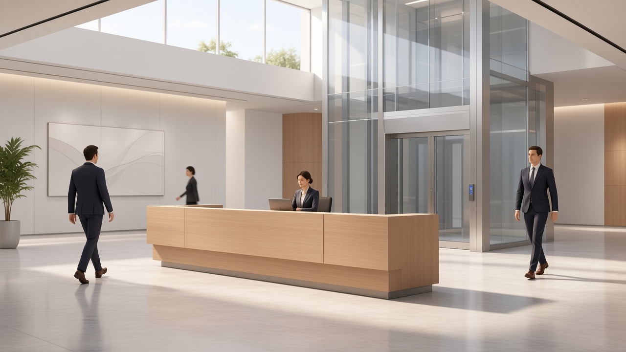 The Hawkes Tower lobby, a pale oak desk and glass elevators in daylight.
