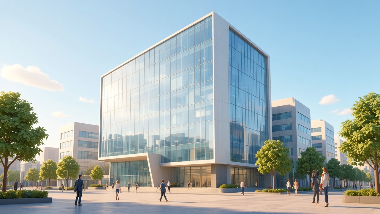 Hawkes Tower, a glass building on a sunlit plaza.